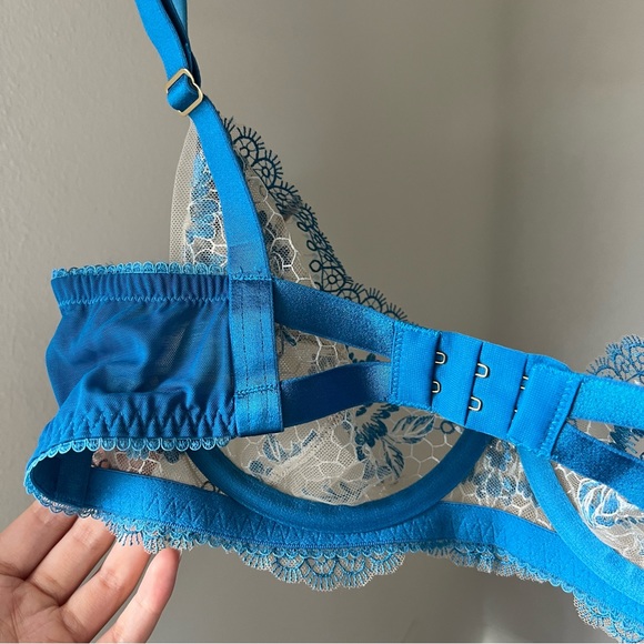 🔖Dita Von Teese Lingerie Evelina Underwire Bra Blue Lace Bow Embroidery Mesh - Picture 8 of 9